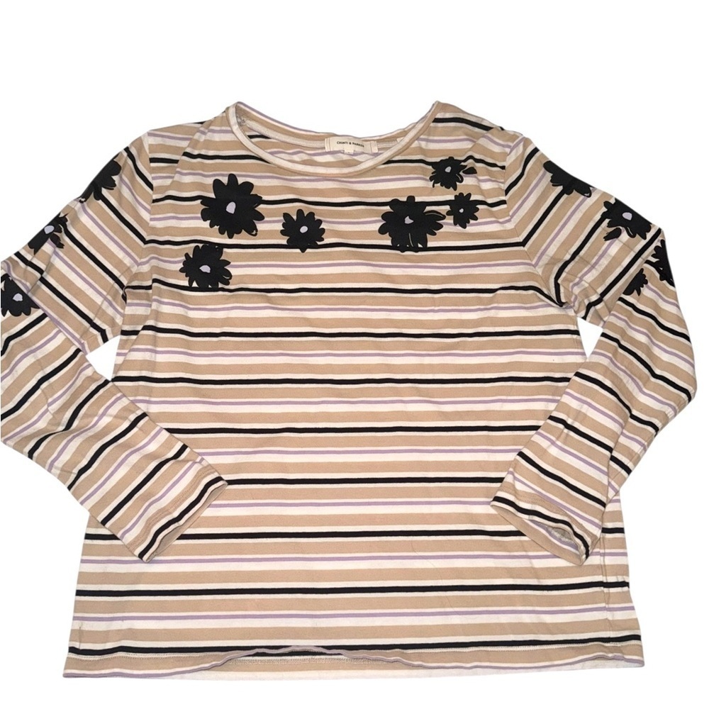 Chinti & Parker Striped Floral Long Sleeve Tee Beige Black Cotton Top Medium